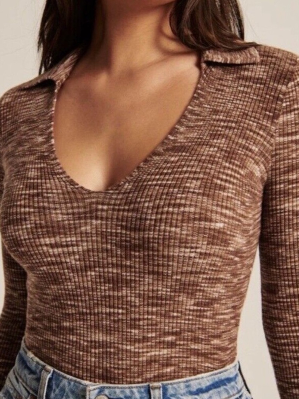 Abercrombie & Fitch Soft Af Sweater Small Space Dye Collar Long Sleeve Crop